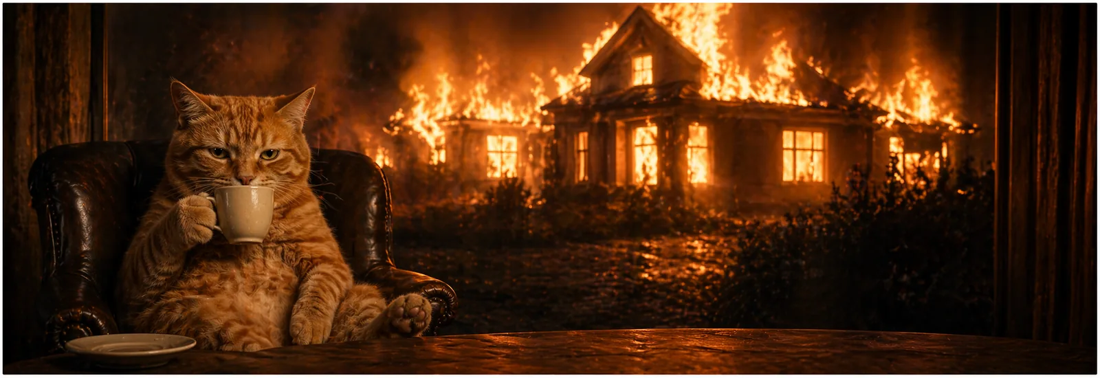 Chat orange sirotant un thé devant une maison en flammes