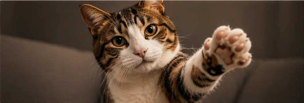 Chat tabby tendant la patte avec un regard franc