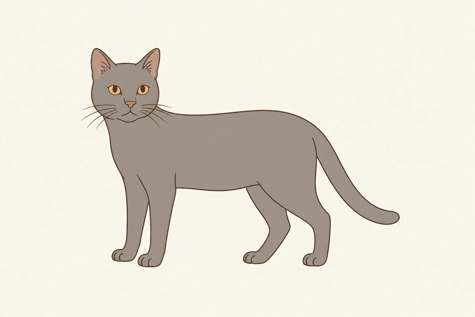 Un chat vu de profil. Des pastilles vertes marquent la base des oreilles, les joues et le dessous du menton : on peut caresser. Des pastilles orange marquent le dos, la queue et les pattes : seulement si le chat est d'accord. Des pastilles rouges marquent le ventre et la base de la queue : on ne touche pas.