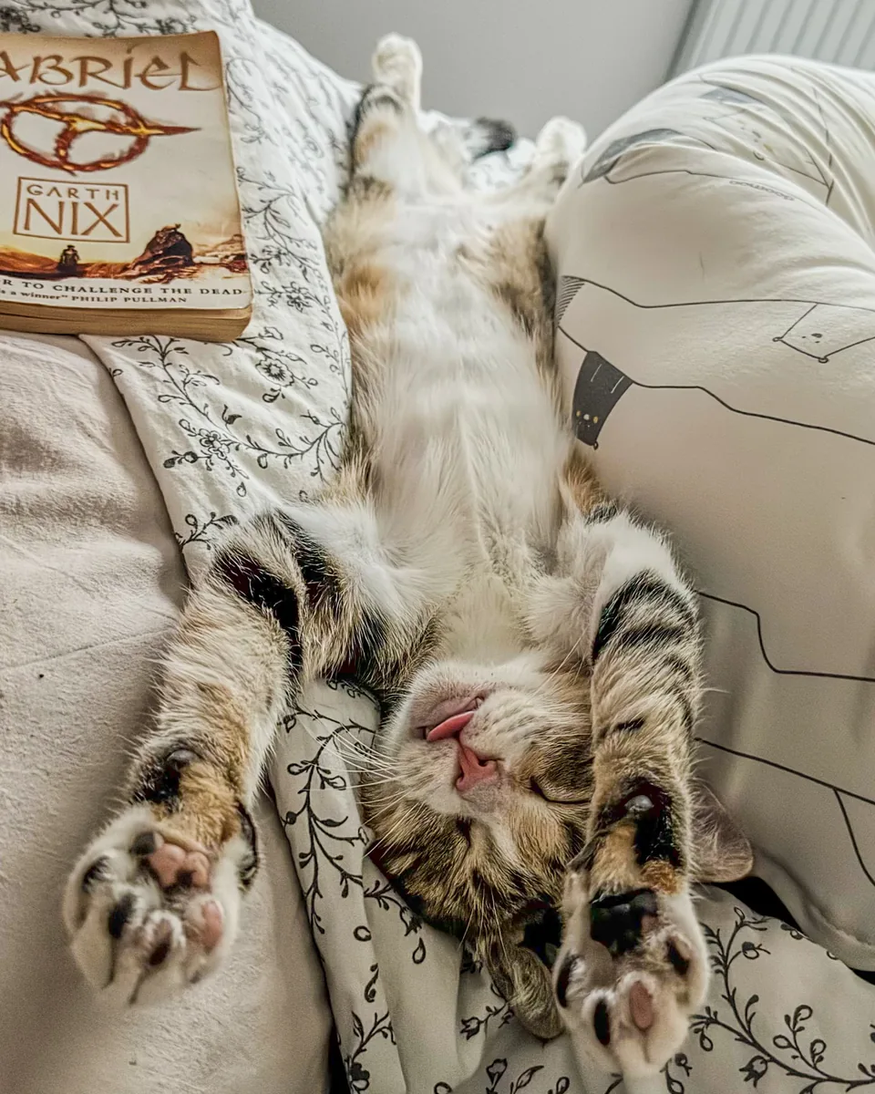 Méli, la chatte d'Irina, endormie sur le dos, les pattes étirées sur un lit.